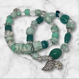 Handmade Bracelet Set Handcrafted Paper Beads Glass Green White Stretchy Charms